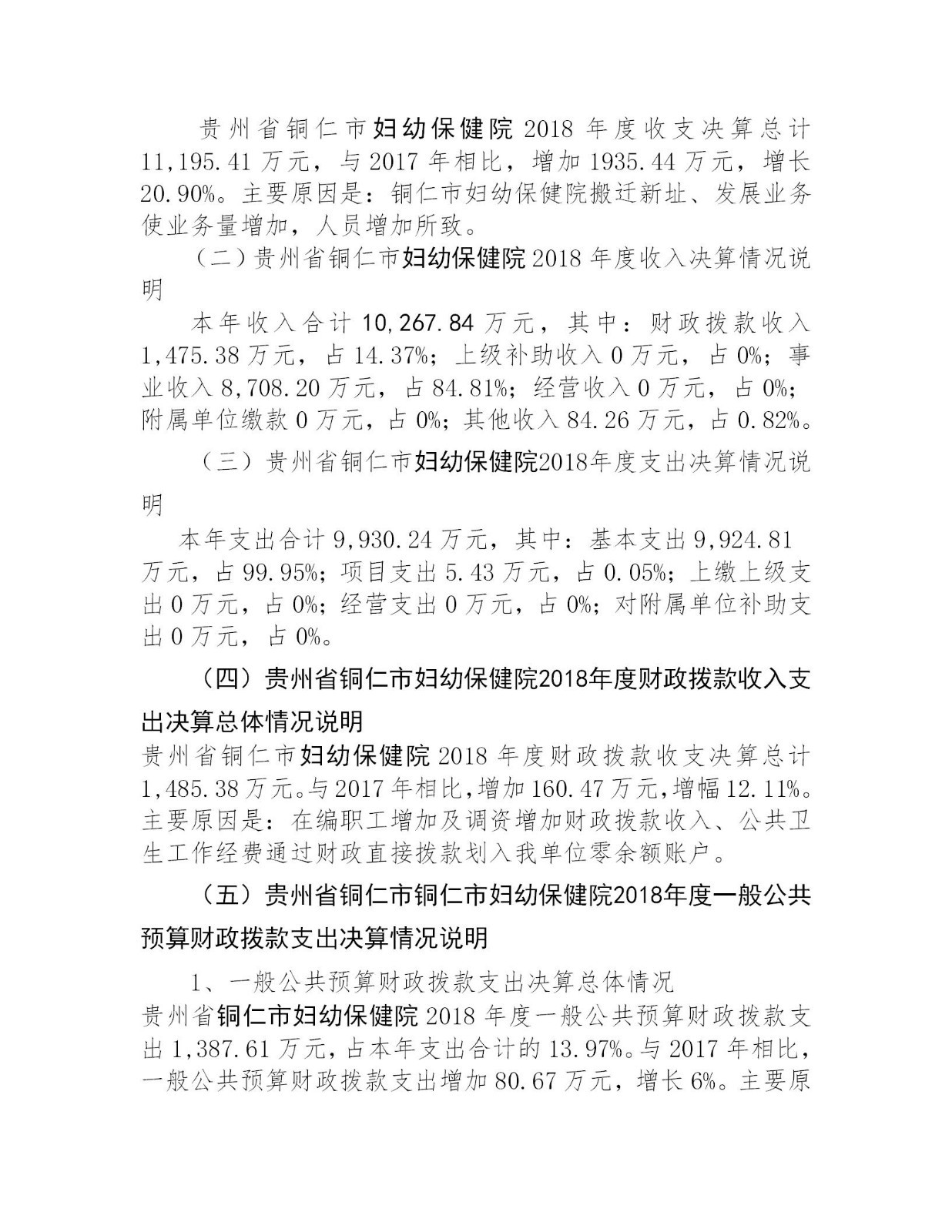 贵州省铜仁市妇幼保健院2018年度部门决算