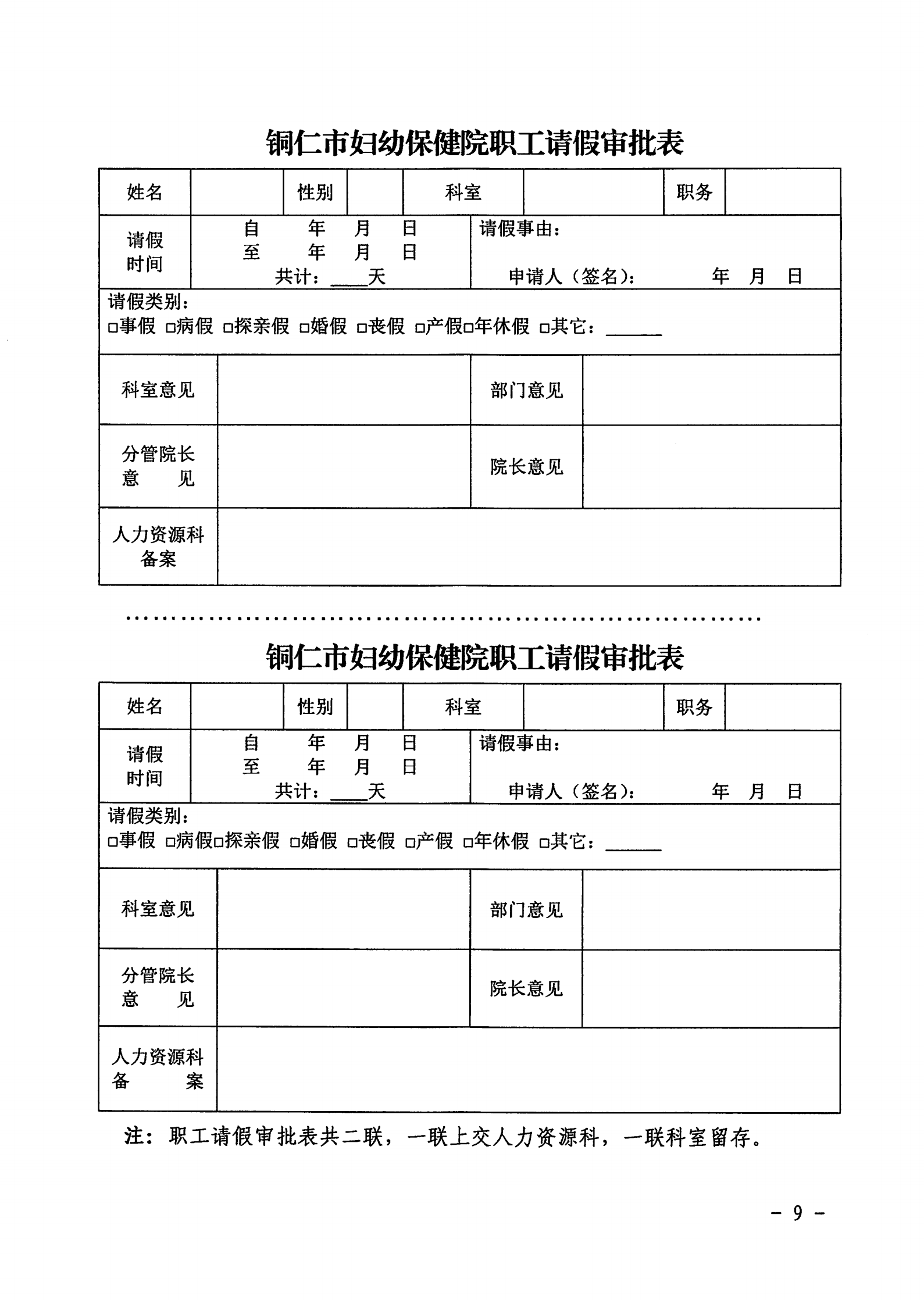 关于印发铜仁市妇幼保健院请休假管理规定的通知