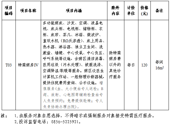 老年医学科特需服务病房收费标准公示
