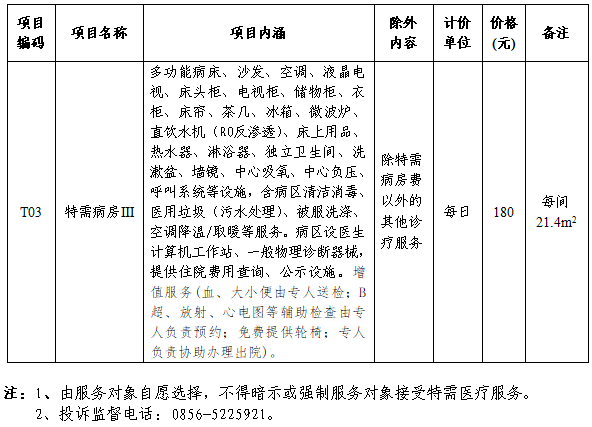 老年医学科特需服务病房收费标准公示